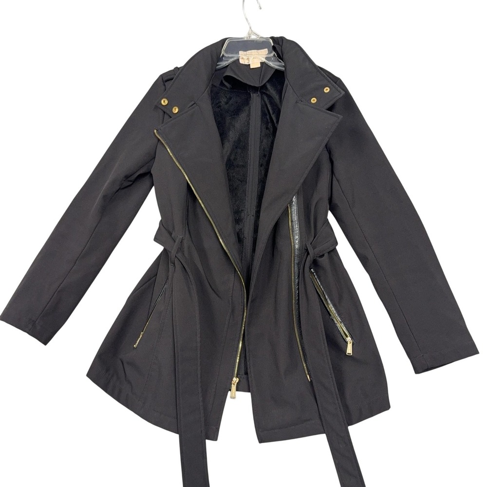 Michael Michael Kors Coat Womens Small Black Softshell Belted Hooded Moto Zip